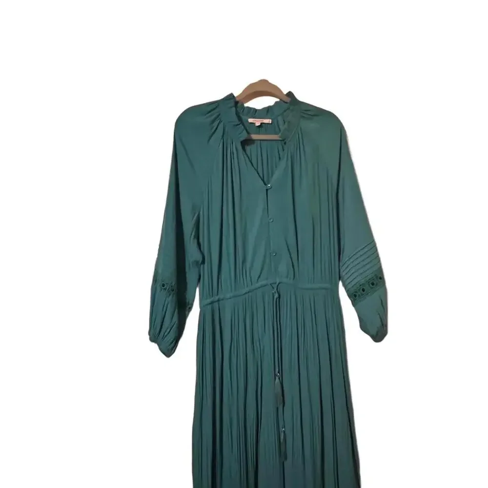 Chicos Maxi Dress 12 Green Bohemian Flowy Waist Tiered Lace - Picture 6 of 9